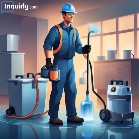 A professional water restoration specialist in uniform standing next to equipment like a dehumidifier and water extractor. The background shows a damaged room being repaired.