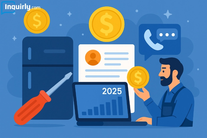 Appliance repair technician with laptop, leads, and dollar coins, 2025 theme