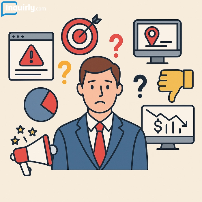 Illustration showing HVAC marketing mistakes with a confused business owner surrounded by icons for poor reviews, low ROI, missed targeting, and weak local SEO.